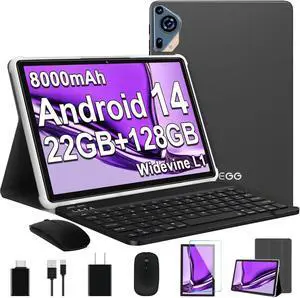 SKYEGG 2024 Android 14 Tablet 10 inch Octa-Core Tablets with 22GB RAM+128GB ROM(Expand to 1TB),8000mAh Large Battery,1280x800 IPS HD Touch Screen,Support Widevine L1,Keyboard & Mouse Included-Black