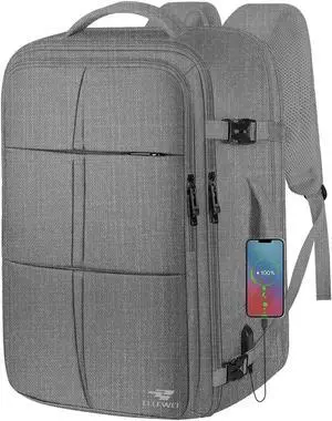 Carry On Backpack, Travel Backpack Flight Approved with USB Charging Port, 55L Expandable Weekender Daypack Overnight Fits 18.4 Inch Laptops Suitcase Bag, Grey