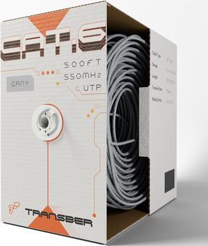 Transber, CAT6 500ft Ethernet Cable Solid UTP Up to 10Gbps 550Mhz 23AWG 4x2 Pair Bulk Cable Network PoE++/4PPoE LAN Wire 500-feet Easy Pull Box (Gray)
