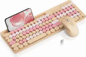 Wireless Keyboard and Mouse Combo, Retro Round Keycaps, Cute Full-Size Typewriter Keyboard with Phone Holder, Sleep Mode, Click Soft, 2.4GHz Cordless Connection for Windows/PC/Laptop (Latte-Colorful)