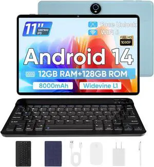 Android 14 Tablet, 2025 Upgraded 11 inch Android Tablets,12GB+128GB+1TB Expand, Support Face Unlock+18W Fast Charging, Octa-Core CPU,Dual WiFi6, Dual Camera,8000mAh Battery, Tablet with Keyboard