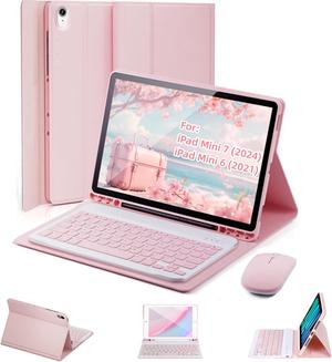TUNKARMOR Case Keyboard for iPad Mini 7th (A17 Pro, 2024) / Mini 6th Generation 8.3 Inch - Mouse and Detachable Magnetically Keyboard, Slim Case with Pencil Holder, Auto Sleep/Wake (Pink)