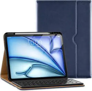 VIKESI Keyboard Case for iPad Pro 13-inch (M4) 2024, Premium Leather Smart Cover, Built-in Breathing Light, Function Row, Pencil Holder, Hand Strap, Card Slots - Navy Blue