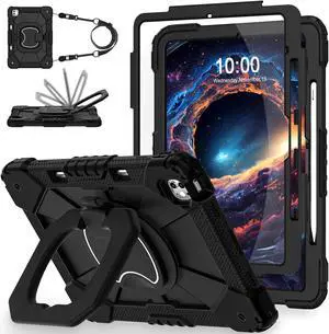 WESOROL Case for iPad Pro 13 Inch 2024 (7th Gen) with Screen Protector/360° Rotating Stand/Pencil Holder/Shoulder Strap,Military Grade Shockproof iPad Case 13 Inch iPad Pro M4,Black