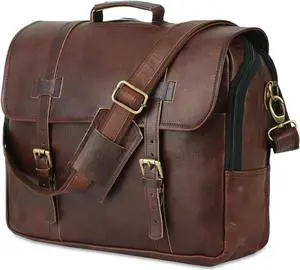 YMSS Leather Briefcase Laptop Messenger Bag 16 Inches Leather Business Laptop Bag Computer Satchel Handmade Bags for Men and Women (Dark Brown)