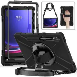 Dteck Galaxy Tab S10+/S9 FE+/S9+/S8+/S7 FE/S7+ 12.4" Case with Rotatable Kickstand, Heavy Duty Silicone, S Pen Holder, Shoulder Strap, Full-Body Shockproof, Rugged Protective Tab 12.4" Case, Black