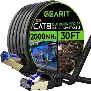 GEARit Cat 8 Outdoor Flat Ethernet Cable (30ft, Black) Direct Burial Rated LLDPE Jacket - Indoor Cat8 Shielded FTP 2000Mhz 40Gbps High Speed Gaming Computer Network RJ45 Snagless Patch Cord Internet