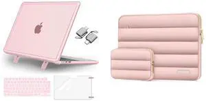 MOSISO Compatible with MacBook Air 13.6 inch Case 2022-2024 M3 A3113 M2 A2681 Touch ID, Heavy Duty Shockproof Plastic Hard Shell with Fold Kickstand&Keyboard Cover&Screen Protector&Type C&Bag, Pink