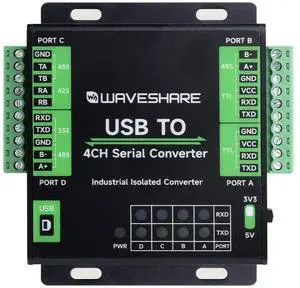 Waveshare Industrial USB to 4-Ch Serial Converter, Original FT4232HL Chip, Supports USB to RS232/485/422/TTL, Multiple Devices Applicable, Multi-OS Compatible