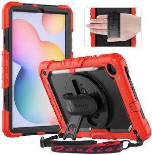 Timecity Case for Samsung Galaxy Tab S6 Lite 10.4" 2024/2022/2020 (SM-P620/ P625/ P610/ P615) with Built-in Screen Protector, 360 Degree Swivel Stand, Hand Strap&Shoulder Strap Kids Case- Red