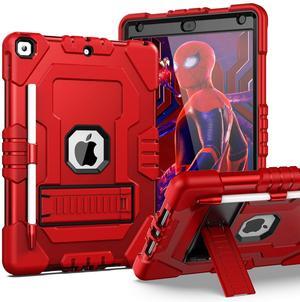 TOPSKY Compatible with iPad 9th Generation Case 2021 with Pencil Holder and Kickstand, iPad 8th/7th Generation Case 2020/2019, Heavy Duty Shockproof Protective Rugged Tablet Cover for Kids, Red/Black