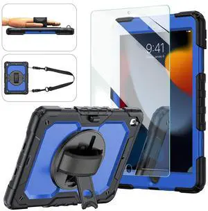 Ambison Case for iPad 9th/8th/7th Generation 10.2'' 2021/2020/2019, [Kid Proof] Full Body Protective Case with 9H Tempered Glass Screen Protector, 360° Rotatable Kickstand & Hand Strap (Blue & Black)