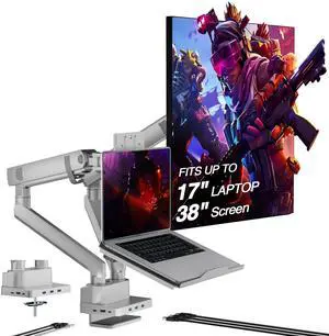 AVLT Dual 17-38" Monitor Arm Desk Mount with 17" Laptop Tray and USB-C Docking Station, HDMI 4K60Hz, USB-A 5Gbps, Ethernet, 100W PD, Fits Two Flat/Curved Monitor - Gray