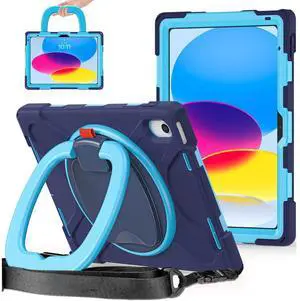 BKOUNCTK for iPad (A16) 11th/10th Generation Case 2025/2022 (11/10.9),Heavy Sturdy Shockproof Kids Case with Screen Protector,Rotating Stand/Pencil Holder/Shoulder Strap (Navy Blue+Blue)