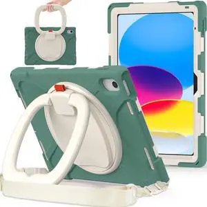 BKOUNCTK for iPad (A16) 11th/10th Generation Case 2025/2022 (11/10.9),Heavy Sturdy Shockproof Kids Case with Screen Protector,Rotating Stand/Pencil Holder/Shoulder Strap (Emerald Green)