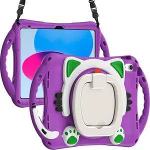 BRAECN Cute Cat Case for iPad (A16) 11th/10th Generation 11/10.9'' 2025/2022, Silicone Kids Boys Case with Pencil Holder, Carrying Shoulder Strap, 360°Rotating Handle Grip & Kickstand, Purple
