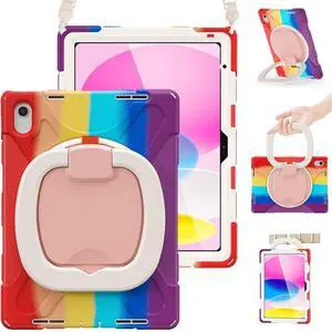 BRAECN Case for iPad (A16) 11th/10th Generation 11/10.9'' 2025/2022-Heavy Duty Silicone Cover with Pencil Holder/Swivel Ring Stand/Screen Protector/Handle Grip/Kickstand/Shoulder Strap, Colorful Red