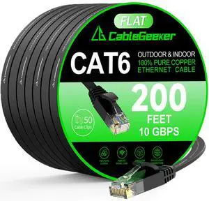 Cat 6 Ethernet Cable 200 ft, High Speed 10Gbps Flat Internet Network Cable, Cat6 Ethernet Patch Cable Long, Computer LAN Cable with Free Clips & Straps for Router, Modem, PS4/5, Black