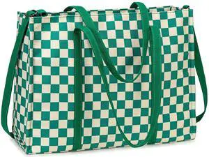 Laptop Tote Bag for Women Work 15.6 inch Canvas Shoulder Bags Computer Messenger Purse Teacher Handbag Office Briefcase (Green-White Checkered)