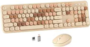 MPTOG Colorful Wireless Computer Keyboard and Mouse Combo with Round Typewriter Keycaps, Retro Design, Power Switch, Ergonomic Design, 2.4GHz Wireless for Windows, Mac, PC(Milk-Tea Colorful)