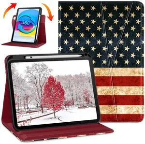 DTTO Rotating Case for iPad (A16) 11th Generation 11 Inch 2025, iPad 10th Generation 10.9 Inch 2022, 360 Degree Swiveling Premium Leather Folio Stand Cover with Pencil Holder, US Flag