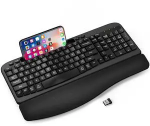Ergonomic Wireless Keyboard with Cushioned Wrist Rest, Wave Keys, Phone Holder, Comfortable Natural Typing, 2.4GHz Full Size Silent Cordless USB Computer Keyboard for Laptop, Mac, Windows (Black)