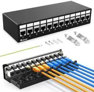 Enmane 12Port Patch Panel CAT6A Keystone Patch Panel Shielded Network Patch Patch with Smart Cable Management for Home/Office Network (1U 12Port, CAT6A)