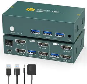 KVM Switch 2 Monitors 2 Computers HDMI 8K@60Hz, USB3.0 4K@144Hz Dual Monitor KVM Switch with 3 USB 3.0 Ports Sharing Keyboard and Mouse Printer Scanner, KVM Switches with Desktop Controller