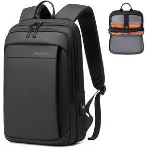 FENRUIEN Slim Laptop Backpack for Men, Water Resistant Light Weight Backpack with USB Charging Port, Black Laptop Bag 15.6 Inch