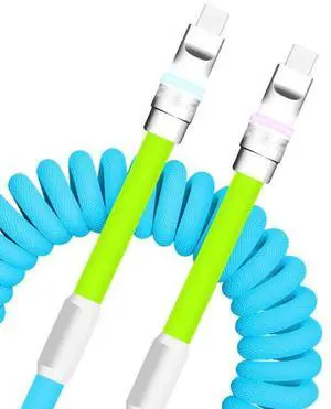Neon Chubby - New Spring Charge Coiled Charging Cable for Carplay USB C Spiral Fast Charger Cable and Sync for Smart Phone,Tablet, Light Blue+Light Green, Type-C to Type-C, 2.29FT-3.6FT