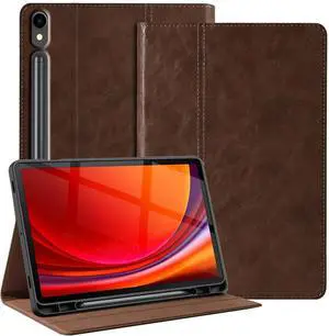 Gexmil Genuine Leather Case for Samsung Galaxy Tab S9/S9 FE 11 Inch with Pencil Holder,Shockproof Protective Adjustable Kickstand Smart Premium Folio Flip Tablet Cover, Dark Brown