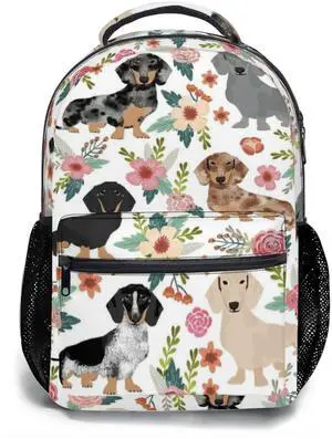 Giwawa Dachshund Dog Flower Backpack for Kids Girls Boys Cute Puppy Animal Floral Print School Bags Bookbag with Multiple Pockets for Student Laptop Travel Sports Women Men
