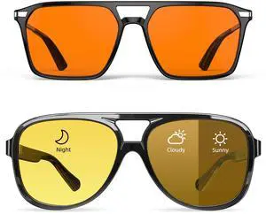 Goiteia 100% Orange Blue Light Blocking Glasses And Oversize Photochromic Night and Day Vision Driving Glasses