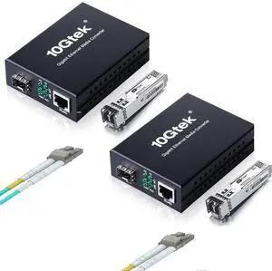 1m OM3 LC to LC Fiber Cable with 1 Pair of Fiber to Ethernet Media Converter, Gigabit Multimode SFP LC Converter, 1000Base-SX to 10/100/1000M RJ45, MMF, 850nm, up to 500m