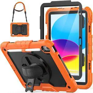 HXCASEAC Case for iPad (A16) 11th/10th Generation 2025/2022, with Pencil Holder, Screen Protector, Hand Strap, Heavy Duty Protective for iPad 10 Case/ 11-inch A2696/A2757/A2777/A3354/A3355, Orange