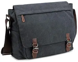 Messenger Bag for Men and Women, Retro Canvas Shoulder Bag Satchel For College fit 15.6 Inch Laptop (Black)