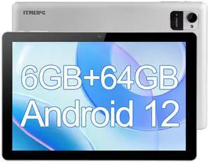 ITMEIPC Tablet, 10.1" Android Tablet with Quad-Core Processor, 6GB RAM 64GB ROM, 1280 * 800 HD IPS Touchscreen, 6000 mAh Battery Last up to 8 Hours, WiFi 6, BT 5.2, Dual Camera
