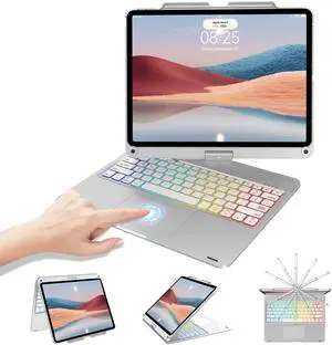 Keyboard Case for iPad Air 13 inch (M2 2024/M3 2025) & iPad Pro 12.9 6th/5th/4th/3rd Gen, Multi-Touch Trackpad, 360° Rotarable, Wireless Bluetooth Keyboard, 7 Colors Backlit, Support Charging Silver