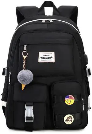 Jaygulf Waterproof Women Laptop Backpack Casual Girls Daypack School Backpack for Teenagers Black