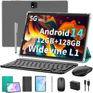 JJGJ Android 14 Tablet with Keyboard, 12GB RAM (6+6), 128GB Storage, 1TB Expandable, 8000mAh Battery, 10 Inch 2-in-1 Tablets, Includes Case, Mouse & StylusGreen