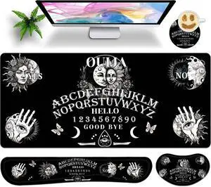 JYCUHTCL Large Gaming Mouse Pad Set 35.4 x 15.7 with Keyboard Wrist Rest, Wrist Support, and Coaster Memory Foam Smooth Desk Pad Mousepad for Home Office School - Ouija Board