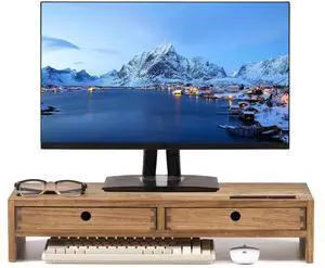 KIRIGEN Wood Monitor Stand with 2 Drawers - Computer Arm Riser Desk Storage Organizer,Speaker TV Laptop Printer Stand with Pen Slot and Cable Management,Dark Brown Desktop Shelf for Office DBR-2PMJ