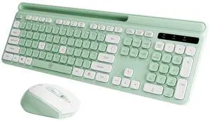Green Wireless Keyboard and Mouse Combo, 2.4G Ergonomic Wireless Computer Keyboard with Phone Tablet Holder, Silent Mouse with 6 Buttons, Compatible with MacBook, Windows(KM-239W-GNWH)
