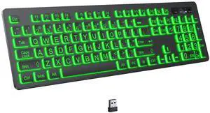 KOPJIPPOM Large Print Backlit Wireless Keyboard, 2.4G Silent Wireless Light Up Keyboard, Full Size Computer Keyboards with 7 Colored Backlits, Rechargeable Wireless Keyboard for Windows, PC, Laptop