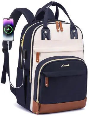 LOVEVOOK Backpack for Women,Laptop Backpack Women,Fits 18 Inch Laptop Bag,Fashion Travel Work Anti-theft Bag,Waterproof Business Computer College Teacher Backpack Purse Daypack, Beige-Blue-Brown