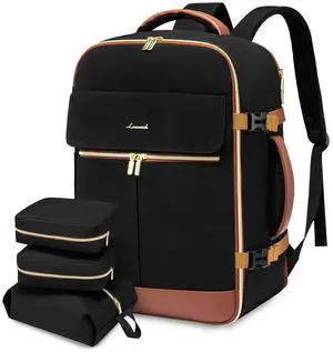 LOVEVOOK Carry On Backpack, 30L Travel Backpack Women with 3 Packing Cubes, TSA Airline Approved Suitcase Bag as Personal Item, Waterproof 15.6 inch Laptop Backpack for Weekender Overnight,Black-Brown