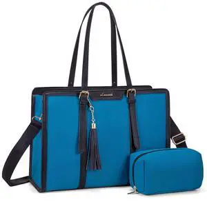 LOVEVOOK Laptop Bag for Women - 15.6 inch Lightweight Canvas Laptop Tote, Large Capacity Computer Bag with Clutch Purse for Business, Work, Travel, School, Casual (Black & Blue, 15.6 Inch)