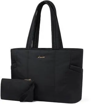 LOVEVOOK Laptop Bag for Women, Lightweight Puffy Work Tote Bag with Clutch Purse, 17 Inch Computer Briefcase Bag for Women, Casual Handbag for Travel College, Black