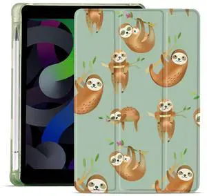 MAYCARI Cute Kawaii Sloth Compatible with iPad Pro 11 inch Case with Pencil Holder, Auto Sleep/Wake, Green Girly Cartoon Soft TPU Back Cover for 11 inch iPad Pro(2022/2021/2020/2018)