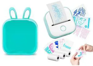 Memoking T02 Sticker Printer and Green Bunny Case - Print Pods Mini Printer Portable Thermal Printer Inkless Printer Sticker Maker Machine Pocket Printer Phone Printer